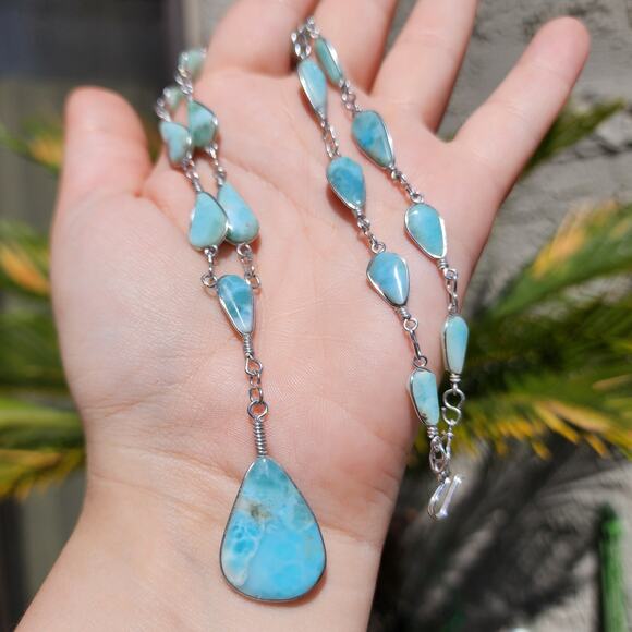 Vtg Larimar Lariat Necklace Aluminum Silver Wire Wrapped Teardrop Pear Gemstone - Picture 15 of 15